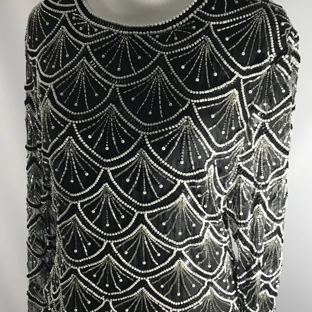 LAURENCE KAZAR VTG black white beaded top scallop designed sheer long sleeve M - Picture 13 of 14